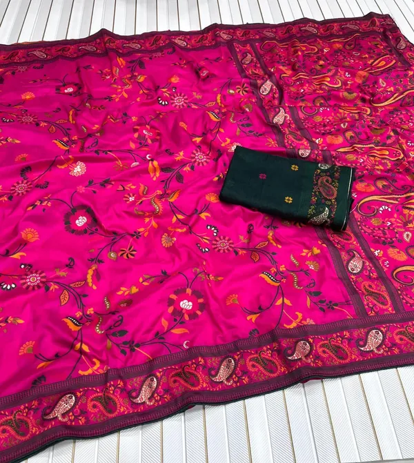 Premium_Rani_Pink_Floral_Jaal_Rajwadi_Pashmina_Silk_Saree_With_Kashmiri_Weaving_Unstitched_Contrast_Blouse