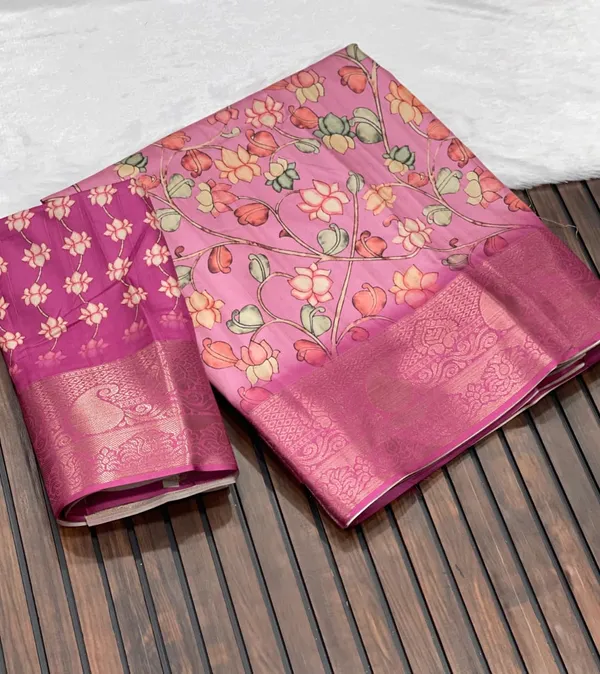 Pink_Floral_Kalamkari_Malabari_Silk_Saree_With_Jacquard_Border_And_Unstitched_Blouse
