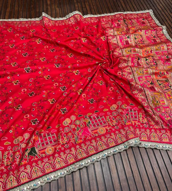 Crimson_Red_Kashmiri_Rajwadi_Pashmina_Silk_Saree_With_Heritage_Weaving_Unstitched_Blouse