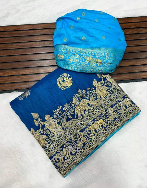 Turquoise_Blue_Kalamkari_Figure_Weaving_Dola_Silk_Saree_With_Rich_Pallu_And_Unstitched_Blouse