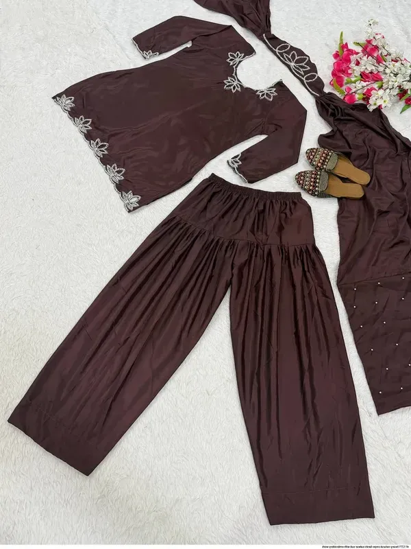 Chocolate_Brown_Natural_Crepe_Embroidery_Kurta_With_Farsi_Salwar_Dupatta_For_Women