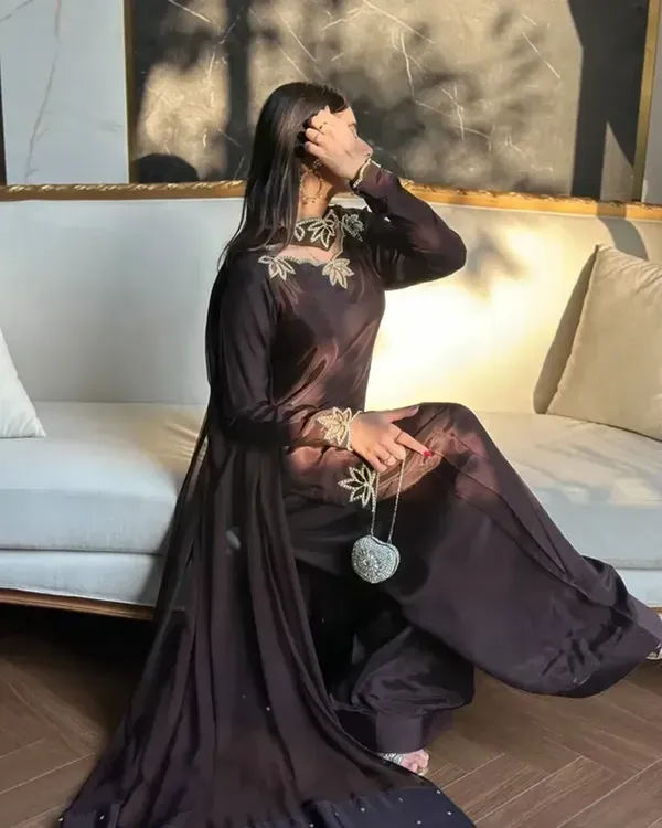 Chocolate_Brown_Natural_Crepe_Embroidery_Kurta_With_Farsi_Salwar_Dupatta_For_Women
