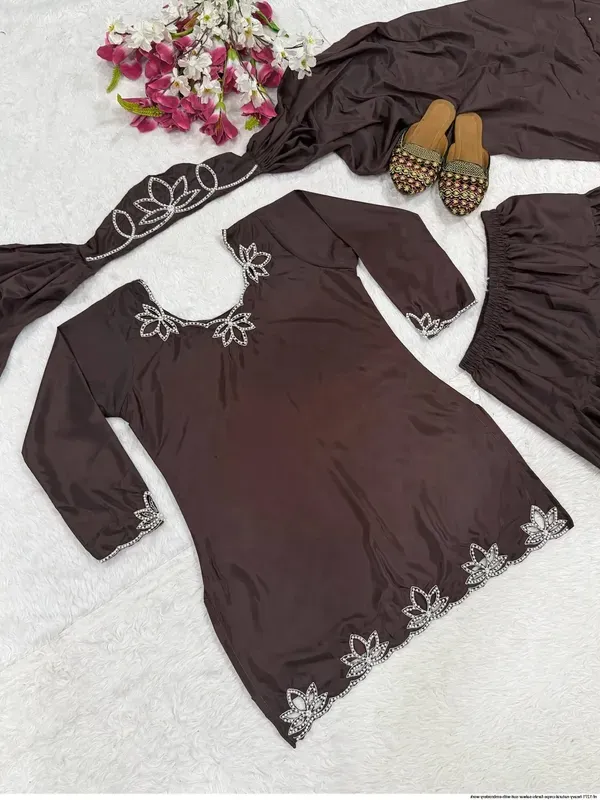 Chocolate_Brown_Natural_Crepe_Embroidery_Kurta_With_Farsi_Salwar_Dupatta_For_Women