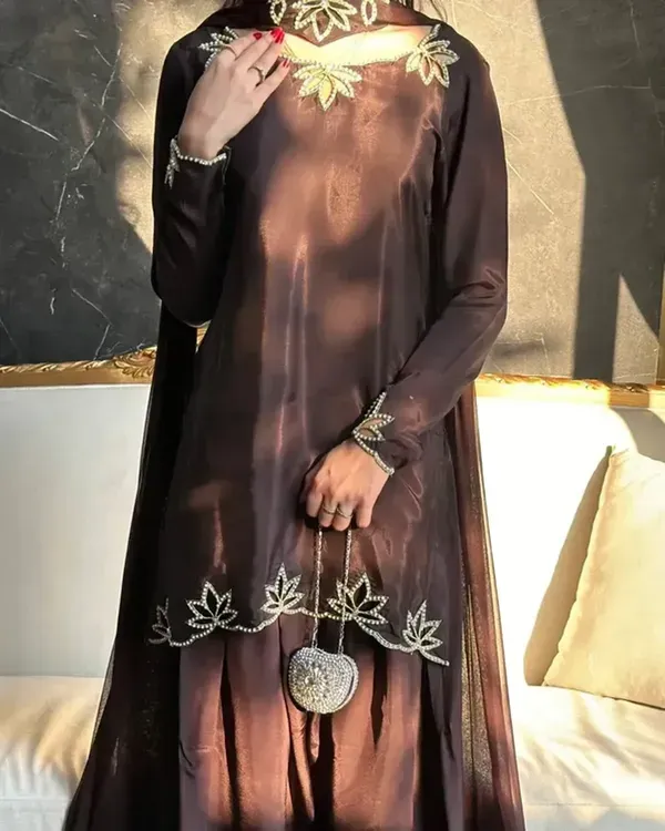 Chocolate_Brown_Natural_Crepe_Embroidery_Kurta_With_Farsi_Salwar_Dupatta_For_Women