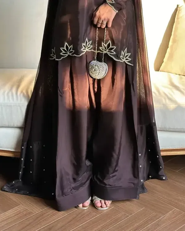 Chocolate_Brown_Natural_Crepe_Embroidery_Kurta_With_Farsi_Salwar_Dupatta_For_Women