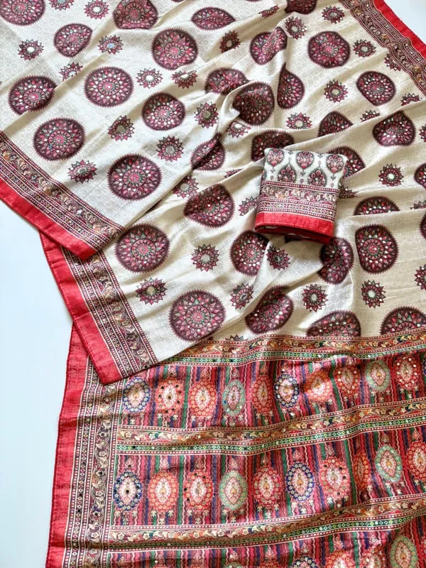 Premium_Crimson_Red_Mandala_Print_Dola_Silk_Saree_With_Mirror_Work_Unstitched_Blouse