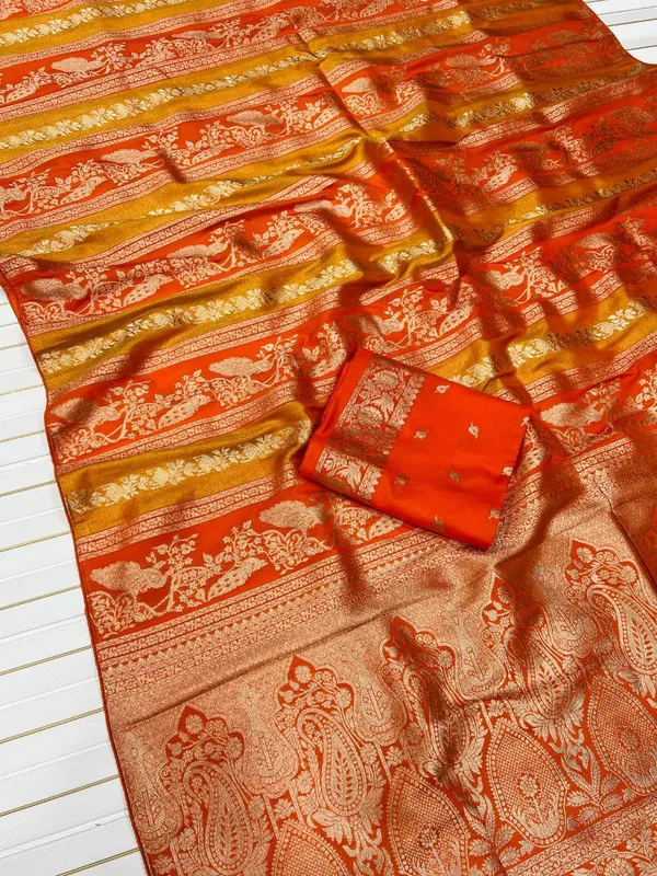 Burnt_Orange_Peacock_Motif_Chinya_Tisu_Silk_Saree_With_Rich_Jacquard_Pallu_And_Unstitched_Blouse