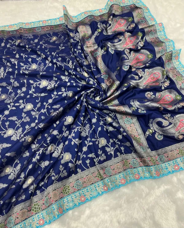 Navy_Blue_Meenakari_Woven_Khaddi_Crepe_Georgette_Saree_With_Contrast_Embroidered_Unstitched_Blouse