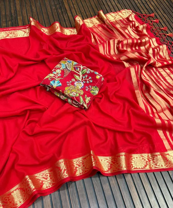 Scarlet_Red_Khaddi_Crepe_Georgette_Saree_With_Zari_Jacquard_Border_And_Dual_Embroidered_Unstitched_Blouse