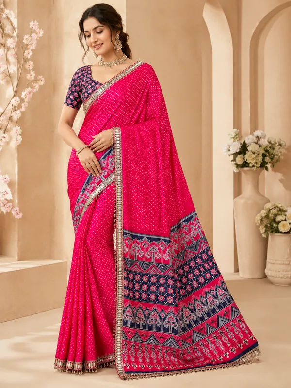 Hot_Pink_Bandhani_Print_Satin_Silk_Saree_With_Mirror_Work_Embellished_Border_And_Printed_Unstitched_Blouse