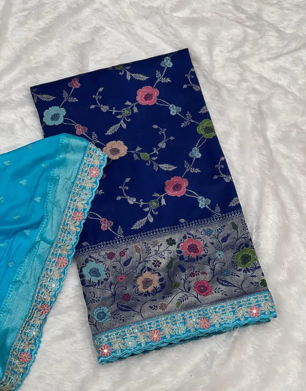 Royal_Blue_Floral_Khaddi_Crepe_Georgette_Saree_With_Paithani_Pallu_Embroidered_Lace_Unstitched_Blouse