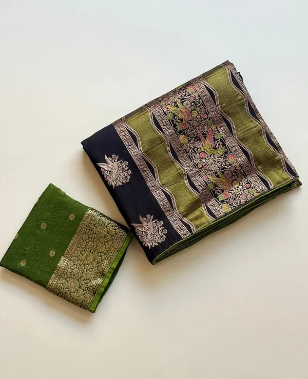 Olive_Green_Meenakari_Bird_Motif_Chinya_Tissue_Shimmer_Crepe_Georgette_Saree_With_Rich_Pallu_Unstitched_Blouse