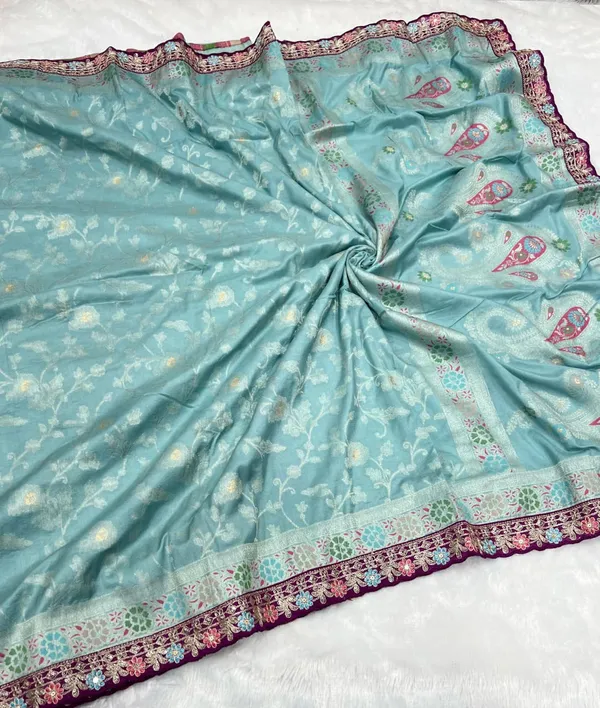 Ice_Blue_Meenakari_Woven_Khaddi_Crepe_Georgette_Saree_With_Contrast_Embroidered_Unstitched_Blouse