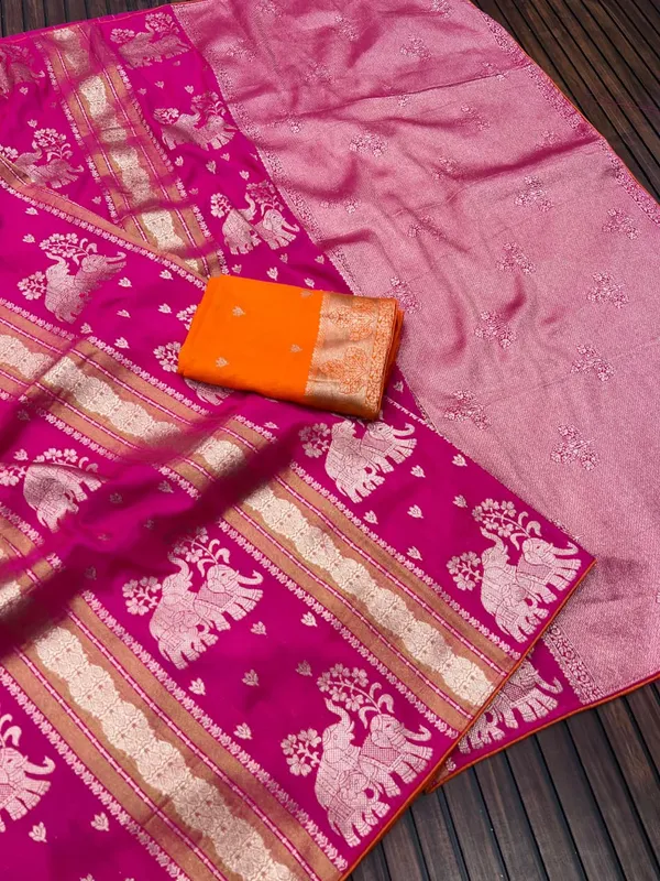 Rani_Pink_Twin_Elephant_Zari_Weave_Chinya_Tisu_Silk_Saree_With_Contrast_Orange_Unstitched_Blouse