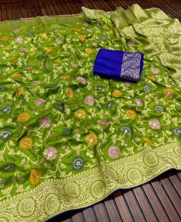 Olive_Green_Meenakari_Jaal_Viscose_Dola_Silk_Saree_With_Rich_Zari_Pallu_Unstitched_Contrast_Blouse
