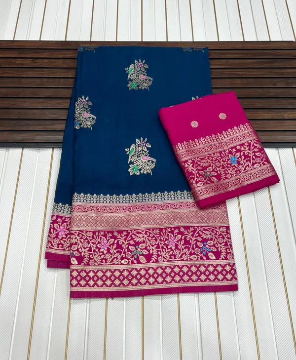Navy_Blue_Floral_Meena_Khadi_Crepe_Georgette_Saree_With_Antique_Zari_Rich_Pallu_And_Unstitched_Blouse
