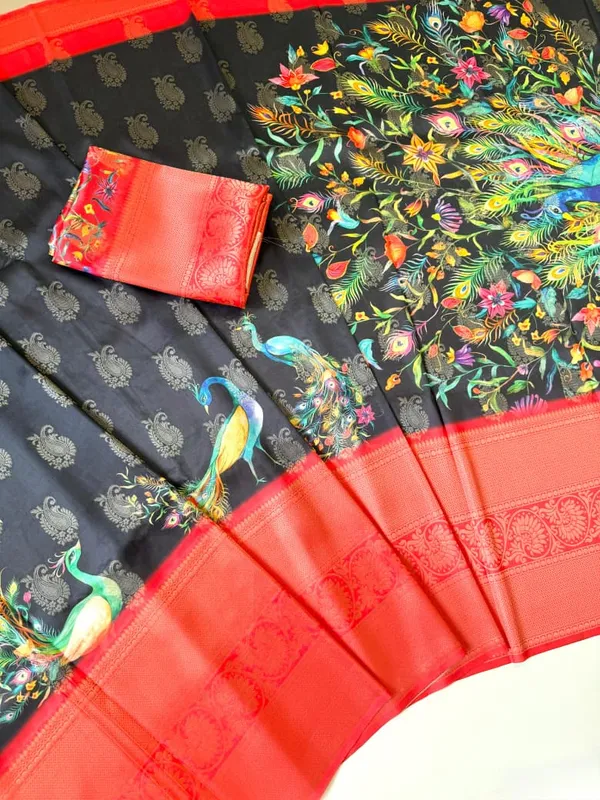 Coral_Peacock_Print_Dola_Silk_Saree_With_Jacquard_Mango_Butti_Border_And_Contrast_Unstitched_Blouse