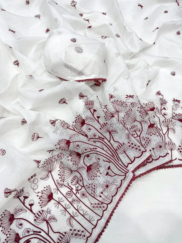 Ivory_Floral_Thread_Embroidered_Kota_Doriya_Saree_With_Cotton_Lace_Border_And_Unstitched_Blouse