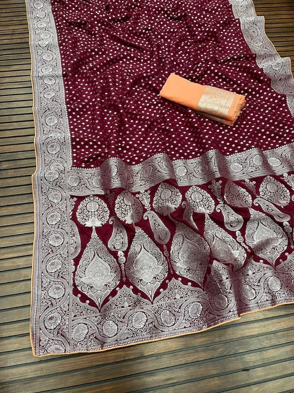Wine_Silver_Zari_Jacquard_Khaddi_Crepe_Georgette_Saree_Rich_Pallu_With_Unstitched_Blouse