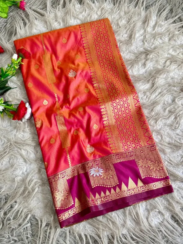 Coral_Pink_Gold_Zari_Banarasi_Luxaria_Silk_Saree_With_Grand_Rich_Pallu_Unstitched_Brocade_Blouse