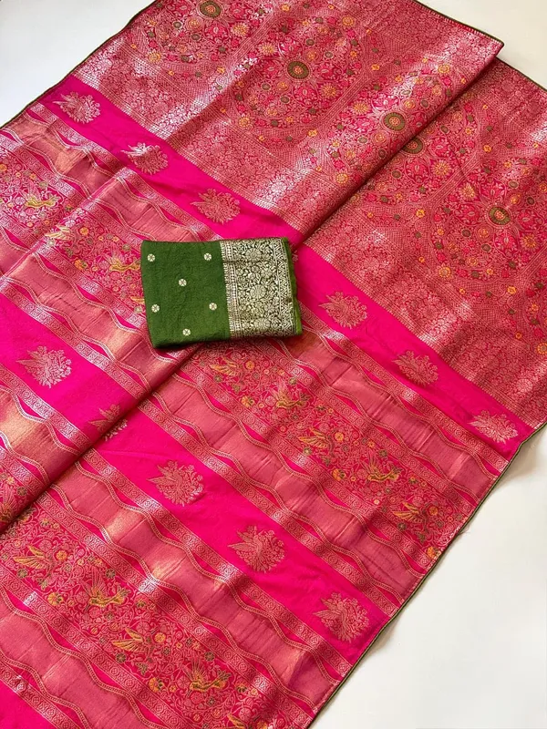Rani_Pink_Meenakari_Bird_Motif_Chinya_Tissue_Shimmer_Crepe_Georgette_Saree_With_Rich_Pallu_Unstitched_Blouse