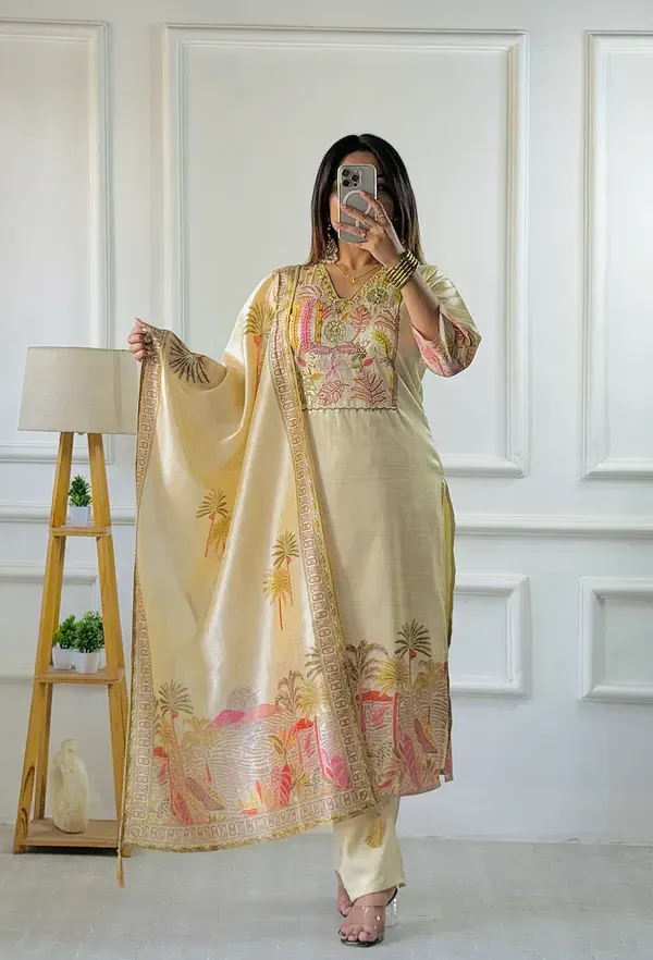 Ivory_Assam_Silk_Embroidered_Kurta_With_Pant_Dupatta_For_Women
