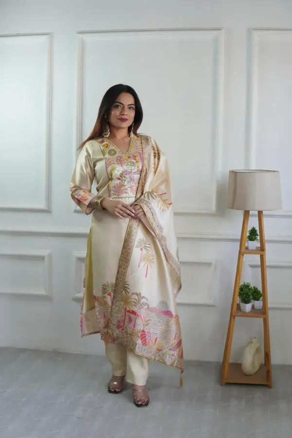 Ivory_Assam_Silk_Embroidered_Kurta_With_Pant_Dupatta_For_Women