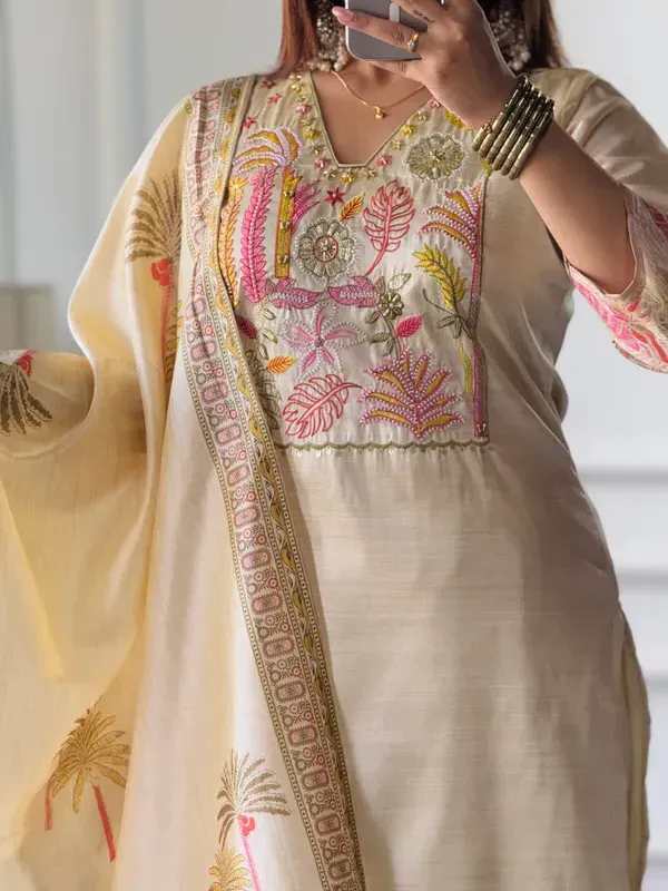 Ivory_Assam_Silk_Embroidered_Kurta_With_Pant_Dupatta_For_Women
