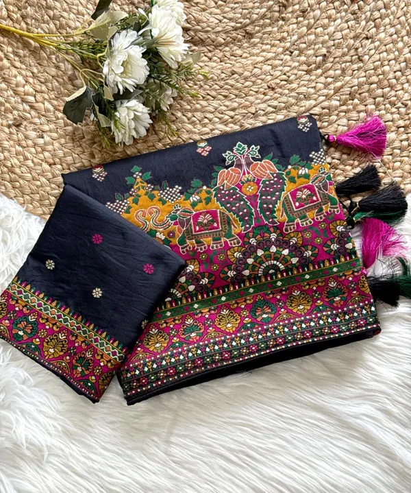 Premium_Charcoal_Black_Kashmiri_Woven_Rajwadi_Pashmina_Dola_Silk_Saree_With_Tassel_Pallu_Unstitched_Blouse