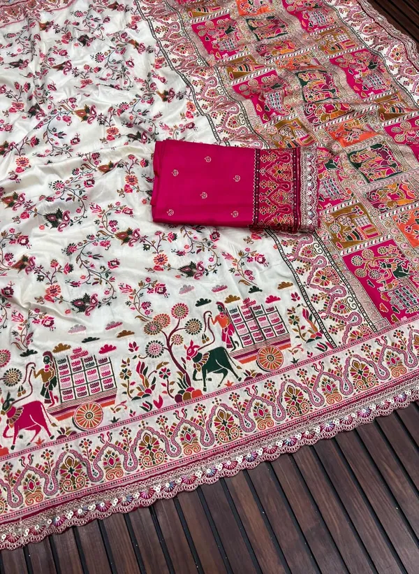Rani_Pink_Kashmiri_Rajwadi_Pashmina_Silk_Saree_With_Heavy_Zari_Border_Unstitched_Blouse