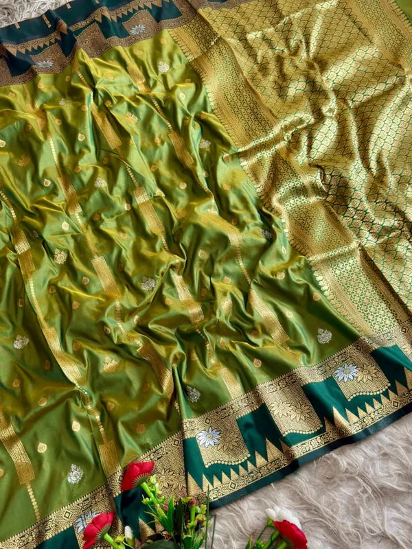 Olive_Green_Gold_Zari_Banarasi_Luxaria_Silk_Saree_With_Grand_Rich_Pallu_Unstitched_Brocade_Blouse