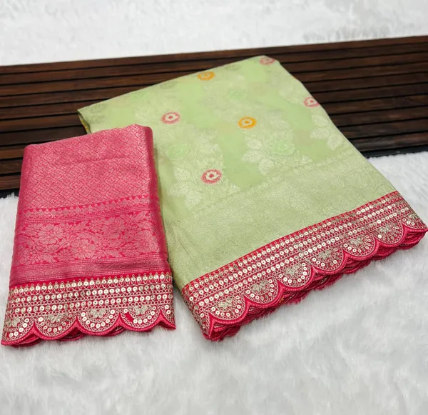 Pista_Green_Meenakari_Jacquard_Khadi_Crepe_Georgette_Saree_With_Sequins_Cutwork_Border_Unstitched_Blouse