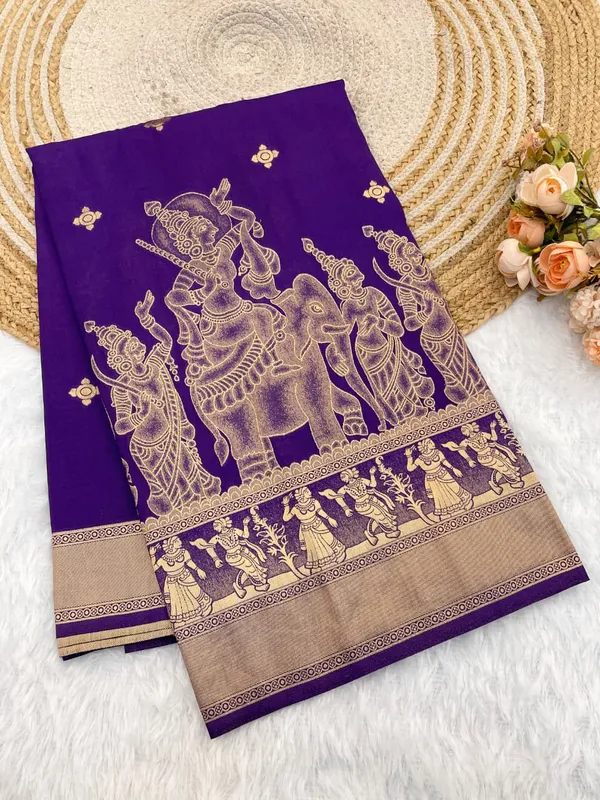 Royal_Purple_Kalamkari_Figure_Khaddi_Crepe_Georgette_Saree_With_Rich_Jacquard_Pallu_Unstitched_Blouse
