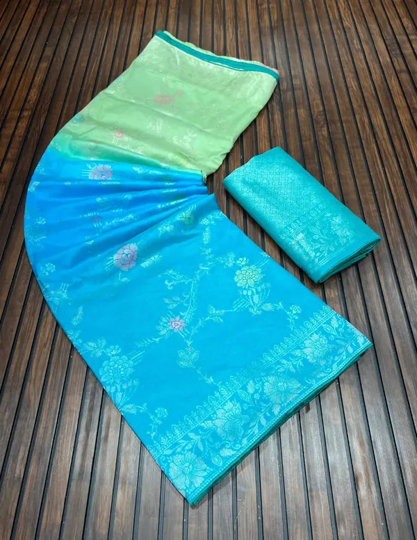 Sea_Green_Ombre_Floral_Jangla_Banarasi_Khaddi_Viscose_Georgette_Saree_With_Rich_Pallu_Unstitched_Blouse