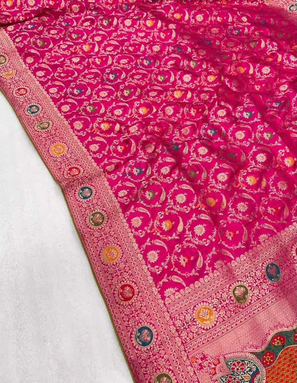 Rani_Pink_Lakhnavi_Meena_Dola_Silk_Saree_With_Jacquard_Jaal_Rich_Pallu_And_Unstitched_Blouse