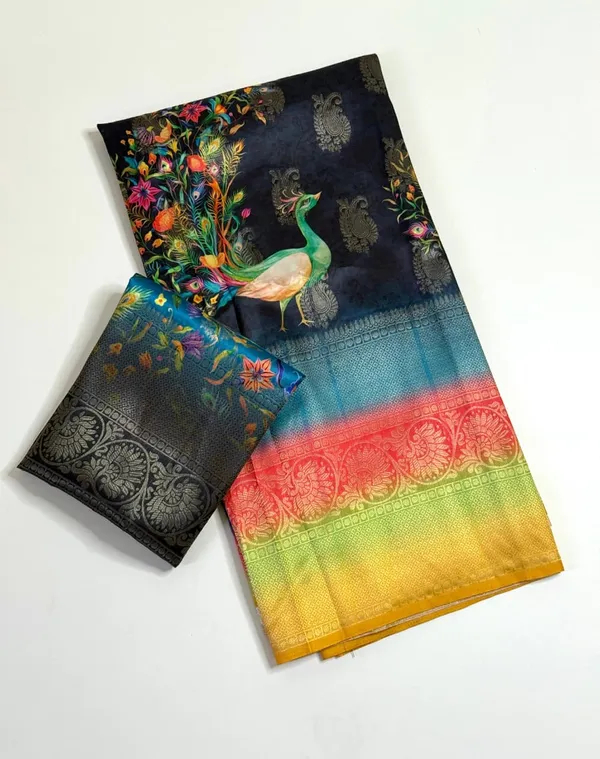 Navy_Blue_Peacock_Print_Dola_Silk_Saree_With_Jacquard_Weaving_Border_And_Contrast_Unstitched_Blouse