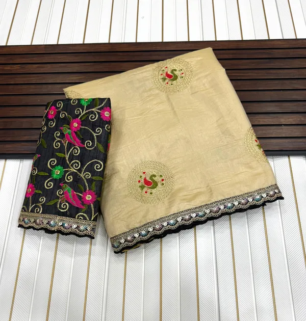 Cream_Kalamkari_Butta_Dola_Silk_Saree_With_Embroidered_Bangalore_Silk_Unstitched_Blouse