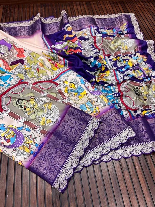 Royal_Purple_Pichwai_Kalamkari_Lichi_Silk_Saree_With_Zari_Weaving_Border_Unstitched_Blouse
