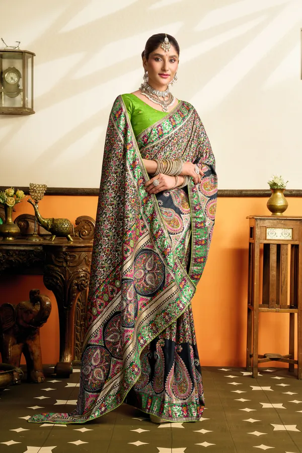 Forest_Olive_Green_Twin_Mango_Swarovski_Pashmina_Silk_Saree_With_Meenakari_Jacquard_Rich_Pallu_Unstitched_Blouse