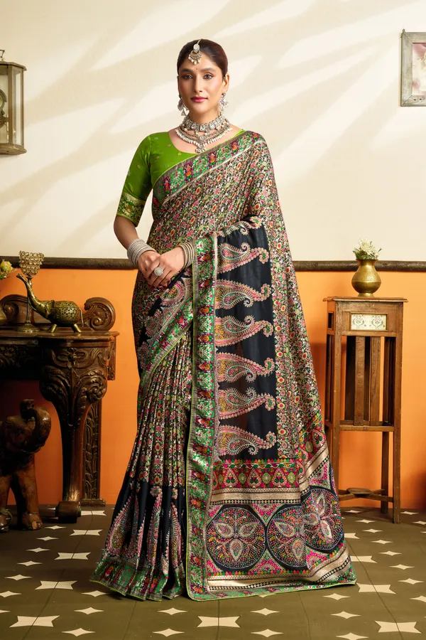 Forest_Olive_Green_Twin_Mango_Swarovski_Pashmina_Silk_Saree_With_Meenakari_Jacquard_Rich_Pallu_Unstitched_Blouse