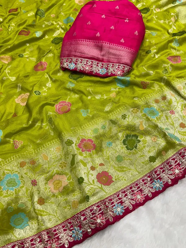 Olive_Green_Floral_Jacquard_Khaddi_Crepe_Georgette_Paithani_Silk_Saree_Embroidered_Lace_Border_Unstitched_Blouse