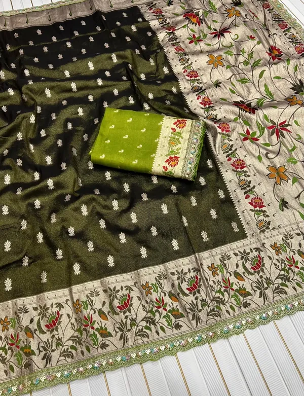 Olive_Black_Meenakari_Paithani_Tissue_Silk_Saree_With_Rich_Zari_Pallu_&_Unstitched_Embroidered_Blouse