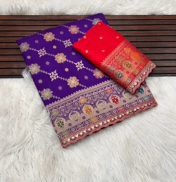 Royal_Purple_Lakhnavi_Meena_Jacquard_Dola_Silk_Saree_With_Contrast_Designer_Blouse_And_Unstitched_Blouse