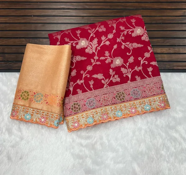 Crimson_Red_Meenakari_Woven_Khaddi_Crepe_Georgette_Saree_With_Contrast_Embroidered_Unstitched_Blouse