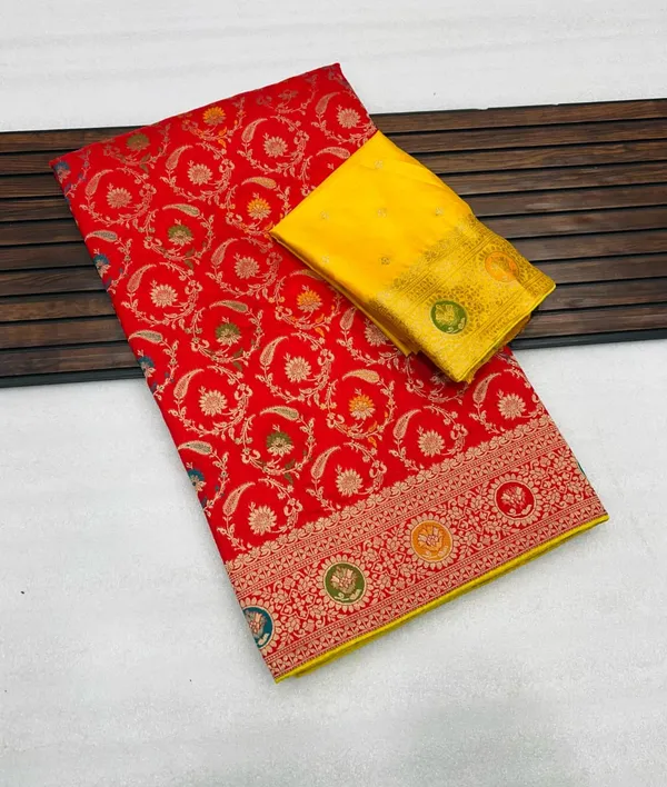 Classic_Red_Lakhnavi_Meena_Dola_Silk_Saree_With_Jacquard_Jaal_Rich_Pallu_And_Unstitched_Blouse