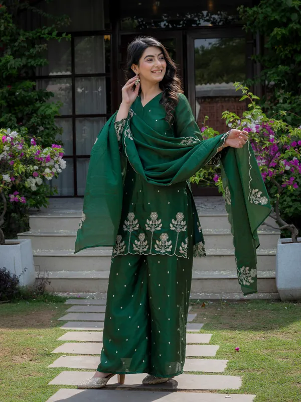 Premium_Mehendi_Green_Chinnon_Embroidered_Kurta_Pant_Dupatta_Set_For_Women