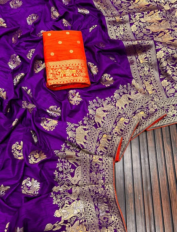 Royal_Purple_Kalamkari_Heritage_Dola_Silk_Saree_With_Contrast_Orange_Blouse_And_Unstitched_Blouse