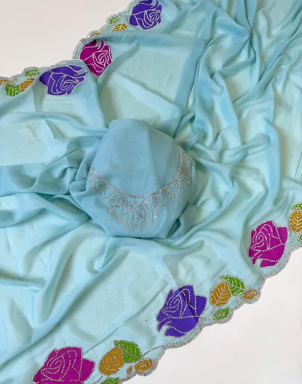 Ice_Blue_Rose_Diamond_Cutwork_Star_Georgette_Saree_With_Handcrafted_Floral_Border_Unstitched_Blouse