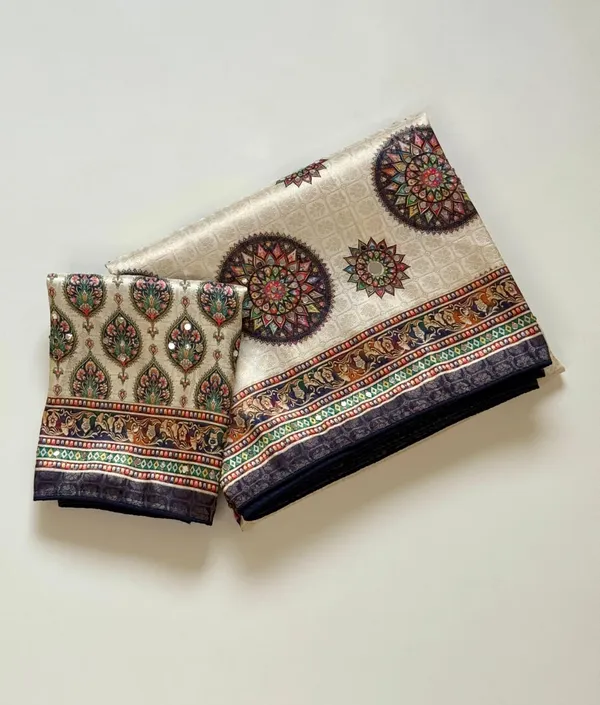 Premium_Ivory_Mandala_Print_Dola_Silk_Saree_With_Mirror_Work_Unstitched_Blouse