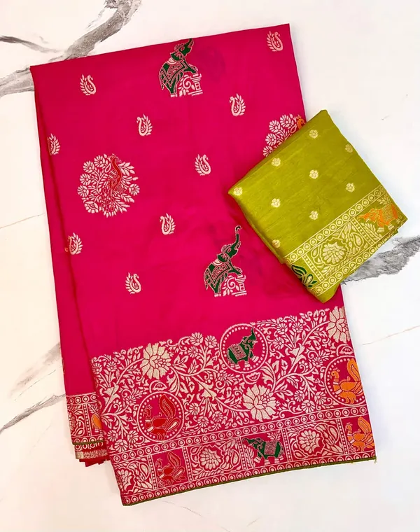 Rani_Pink_Peacock_Motif_Banarasi_Dola_Silk_Saree_With_Heritage_Woven_Unstitched_Blouse